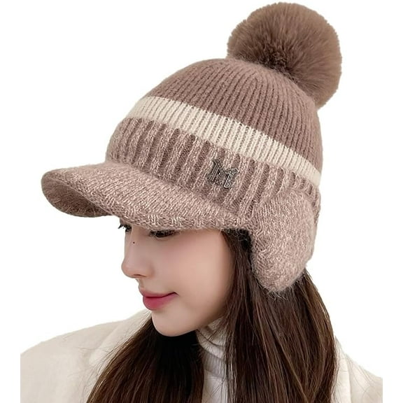 Winter Knitted Baseball Cap for Women Furry Knit Warm Hat with Ear Flaps Windproof 3-in-1 Baseball Cap