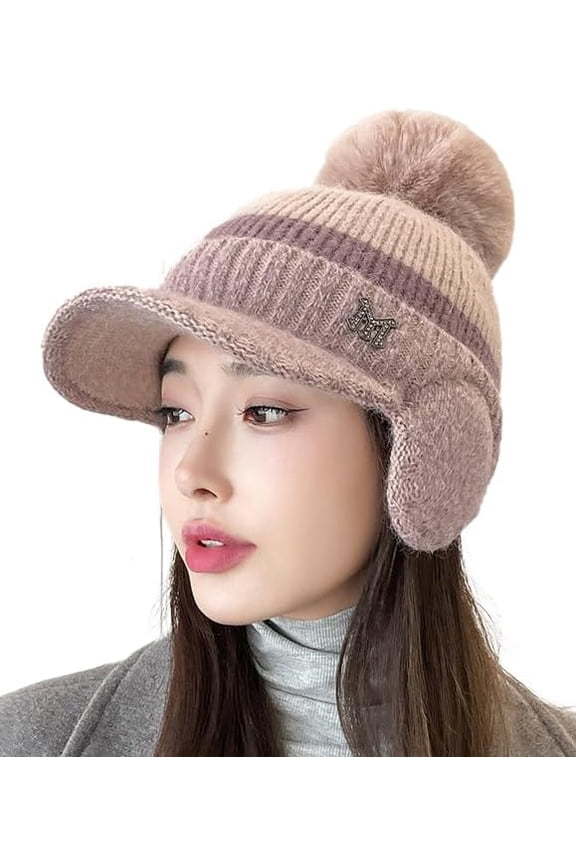 Winter Knitted Baseball Cap for Women Furry Knit Warm Hat with Ear Flaps Windproof 3-in-1 Baseball Cap