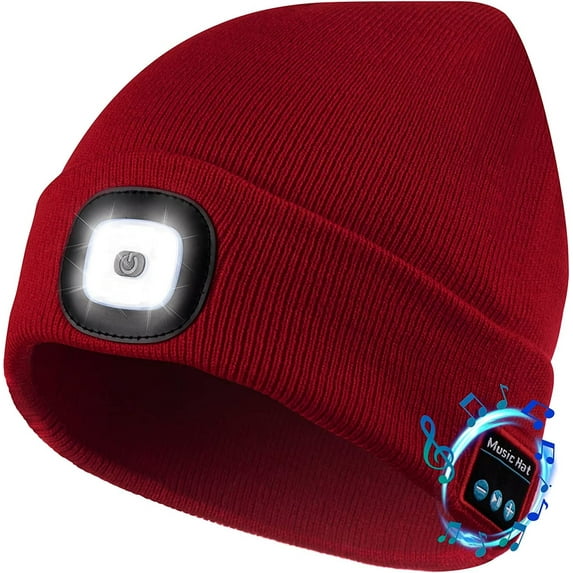 Winter Knitted Beanie Hat, Bluetooth Tech Musical Hat with 4 LED Headlamp for Men Women Teen Outdoor Sports, Red
