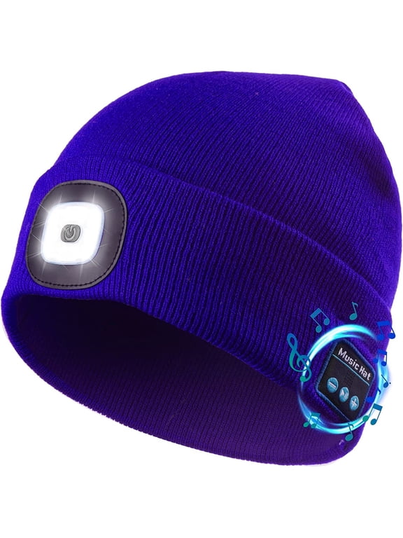 Winter Knitted Beanie Hat, Bluetooth Tech Musical Hat with 4 LED Headlamp for Men Women Teen Outdoor Sports, Royal Blue