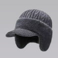 thumbnail image 1 of Winter Knitted Beanie Hat for Men, Fleece Lined Warm Baseball Cap with Ear Flaps and Wool Brim, Windproof Thermal Skull Cap for Outdoor Skiing, Running, and Cold Weather Activities - Grey, 1 of 7