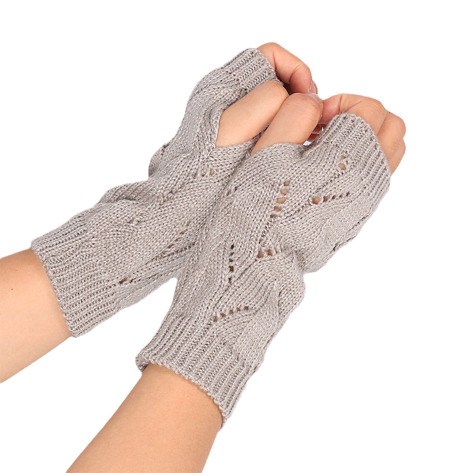 Winter Knitted Convertible Fingerless Gloves Wool Mittens Warm Mitten Glove  Khaki One Size 