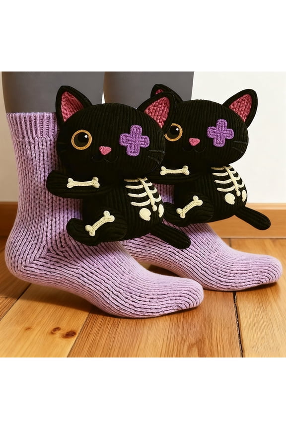 Winter Knitted Crew Socks with Playful Doll Design, Cozy Style Soft Warmth Novelty Socks for Casual Wear, Gift Socks for Women & Girls