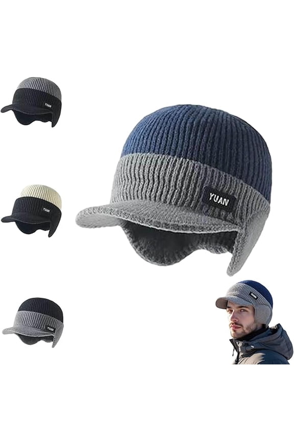 Winter Knitted Earflap Hat, Winter Knitted Beanie with Brim and Ear Flaps, Knit Lined Earflap Hat for Cold Weather(Blue)