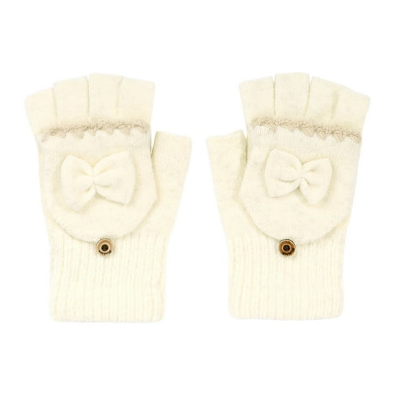 Winter Knitted Fingerless Wool Gloves Thermal Convertible Mittens Flap Cover Color: Beige Size: One Size