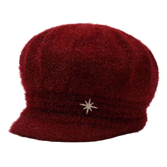 Winter Knitted Hat With Bow Rhinestone & Brim - Thick Soft Yarn Cap, Warm Thermal for Cold Weather, Stylish Headwear for Autumn Outdoor Activities, Daily Commute,Size:One Size