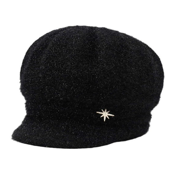 Gyujnb Winter Knitted Hat With Bow Rhinestone & Brim - Thick Soft Yarn Cap, Warm Thermal for Cold Weather, Stylish Headwear for Autumn Outdoor Activities, Daily Commute,Size:One Size