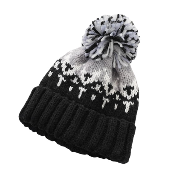 Winter Knitted Hat Contrast Color Pom-pom Hat Geometric Pattern Stretchy Dome Bonnet Cold Weather Christmas Headwear Photo Prop Hat