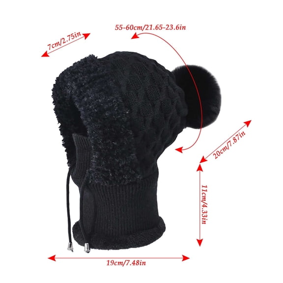 Winter Knitted Hat Scarf Hood 3 in 1, Warm Fleece Lined Balaclava Face Mask, Thermal Beanie for Women Men, Windproof Snow Ski Headwear, Black