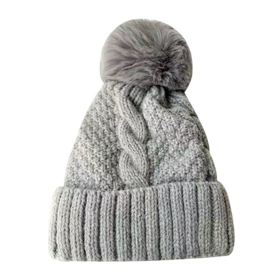 Winter Knitted Hat Thick Plush Keep Warm Pom-pom Hat Elastic Fit Solid Color No Brim Windproof Cold Weather Cap Outdoor Headwear