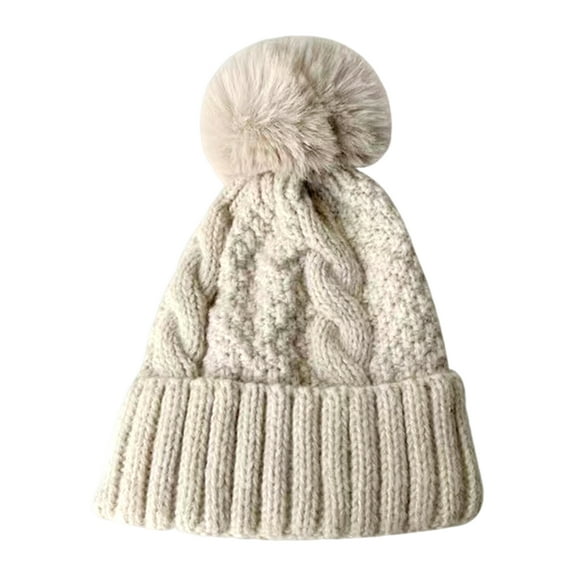 Winter Knitted Hat Thick Plush Keep Warm Pom-pom Hat Elastic Fit Solid Color No Brim Windproof Cold Weather Cap Outdoor Headwear