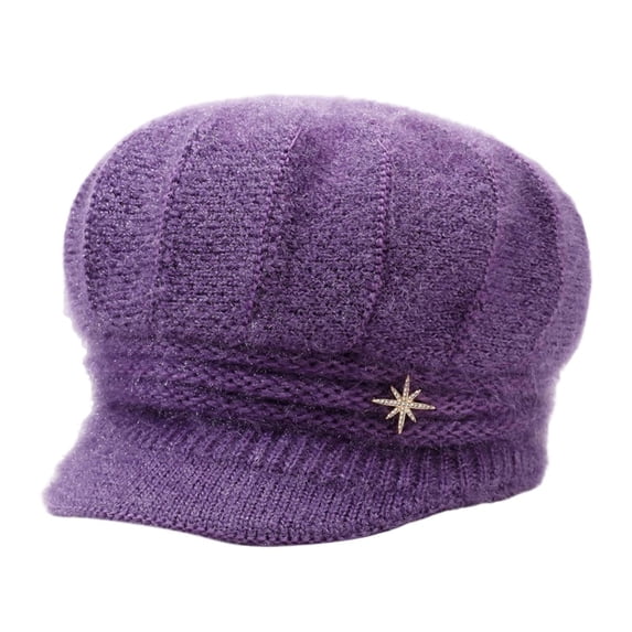 Winter Thick Soft Yarn Knitted Hat with Brim & Rhinestone - Warm Thermal for Autumn/Winter, Stylish Headwear for Cold Weather Outdoor Activities,Size:One Size