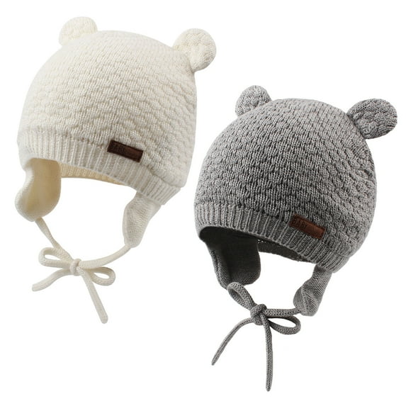 Winter Knitted Infant Beanie Baby Girls Boys Earflap Hat Cute Bear Ears Hats for Toddler Boy (White+Gray,S)