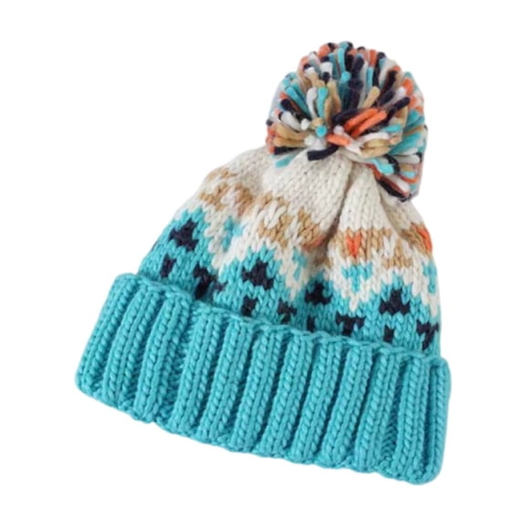 Winter Knitted Pom Pom Beanie with Ribbed Cuff and Geometric Pattern Soft Acrylic Hat With Pom-pom for Adults and Teens