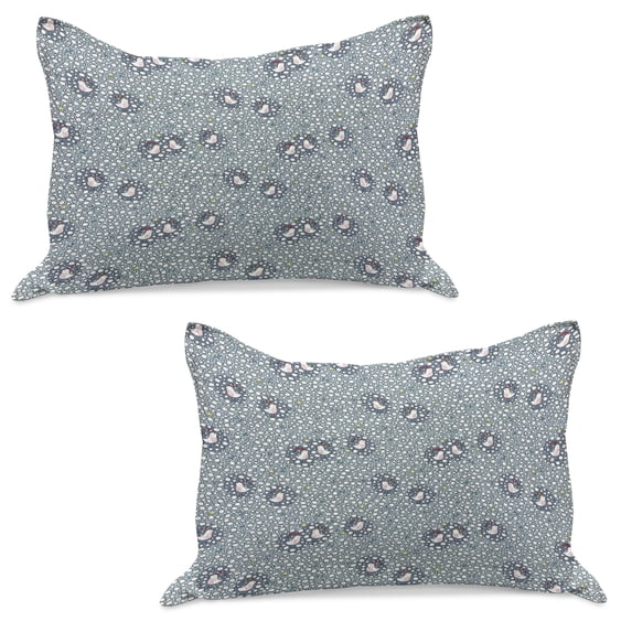 Winter Knitted Quilt Pillowcover Set of 2, Doodle Style Pattern with Bullfinch Birds with Xmas Hats and Snow, Standard Queen Pillow Sham Bedroom, 30" x 20", Pale Grey Multicolor, by Ambesonne
