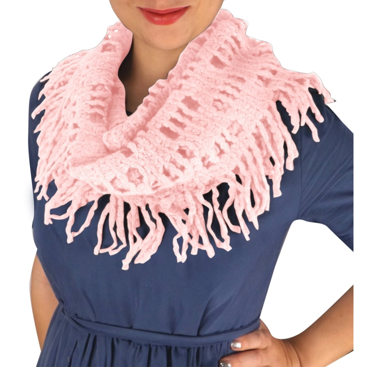 Winter Knitted Rectangular Pattern Long Fringe Warm Infinity Loop Scarf