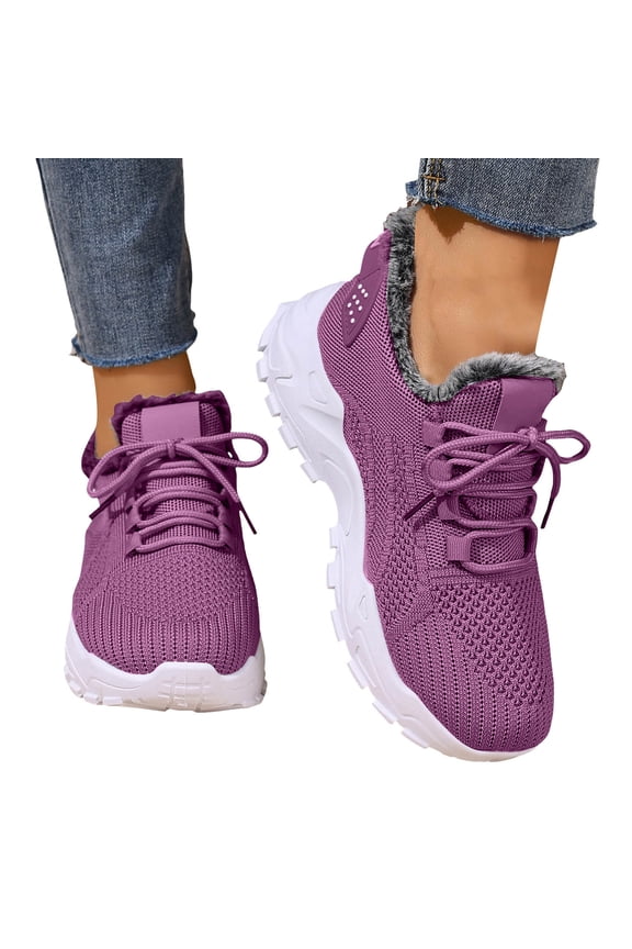 Winter Knitted Sneakers for Women Plush Lined Lace up Platform Walking Shoes Fashion Slip on Snow Booties Purple Size 6