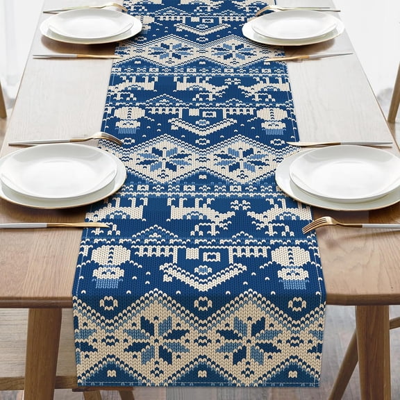 Winter Knitted Style Table Runner, Dark Blue Abstract Snowman Deer Snowflake Kitchen Dining Table Decoration, Christmas Seasonal Burlap Indoor Outdoor Home Decor Party Supply 13.8 x 71 Inches