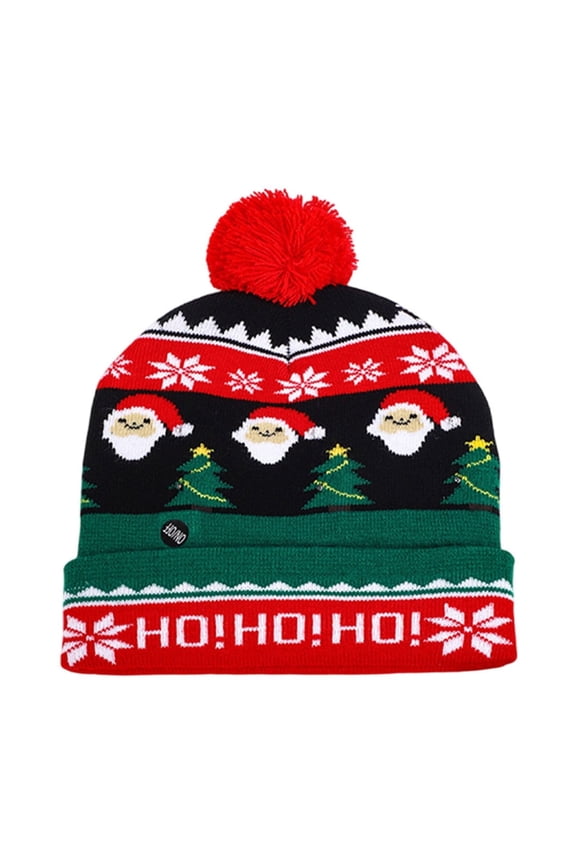 Winter LED Christmas Hat, Knitted Santa Claus Beanie with Hairball, Warm Ear Protection Woolen Cap with Lights for Holiday Party & Gift