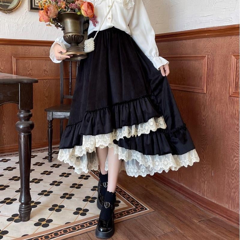 Winter Lace Elegant Loose Skirt Women Korean Retro Midi Skirt