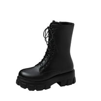 Winter Lace-Up Motorcycle Boots for Women, Mid-Calf Chunky Heels, Side Zip, Casual Fashion Footwear for Outdoor and Daily Wear Black,36