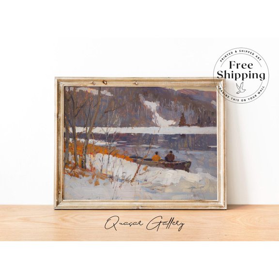 Winter Lake Cabin Art Print ed Pastel Landscape, Unframed Paper Print