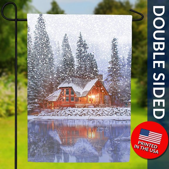 Winter Lake Cabin Flag Double Sided Mountain Retreat Decor