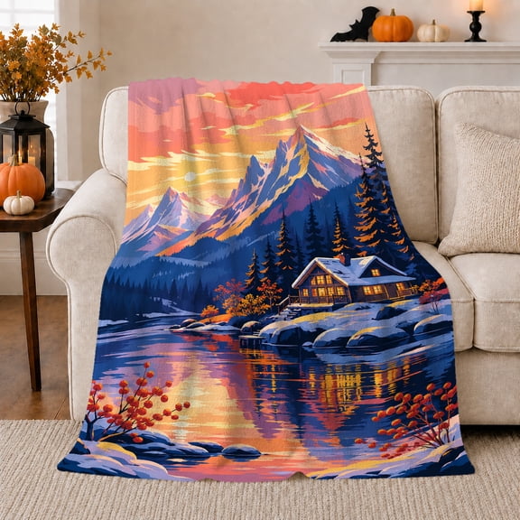 Winter Lake Cabin Snowy Peaks Sunset Landscape, Peaceful Mountain Lake Scene, Warm Flannel Blanket for Cabin and Lodge, Outdoor Lovers Camping Gift, Rustic Home Decor