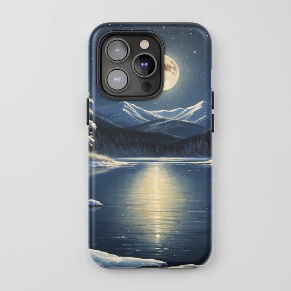 Winter Lake Moon Scene For All iPhone Series Tough Phone Case Nature Art Dark Blue