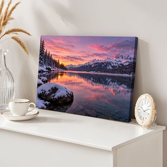 Winter Lake Sunset 12"x16" Wall Art Snow Capped Mountains Colorful Sky Canvas Wall Decor for Living Room Bedroom Modern Abstract Painting Prints Aesthetic Framed Artwork Home Decor