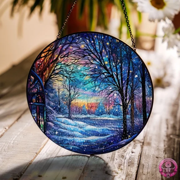 Winter Land Stained Glass Suncatcher Window Hanging Christmas Tree Decor Winter Gifts