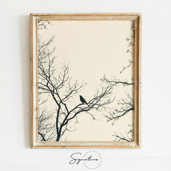 Winter Landscape Art – Bird In Bare Trees Against Winter Sky, Tranquil Nature Wall Decor, Serene Forest Scene Drawing Poster, 787 Home Decor, 12x18 UNFRAMED