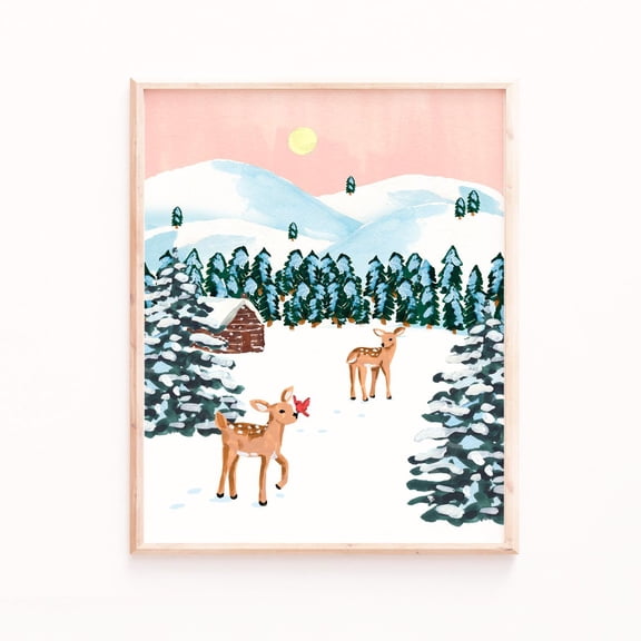 Winter Landscape Art Print with Deer and Bird Poster Art Print Home Decor, Stretched Canvas Size 8x12 F03.1.20l591