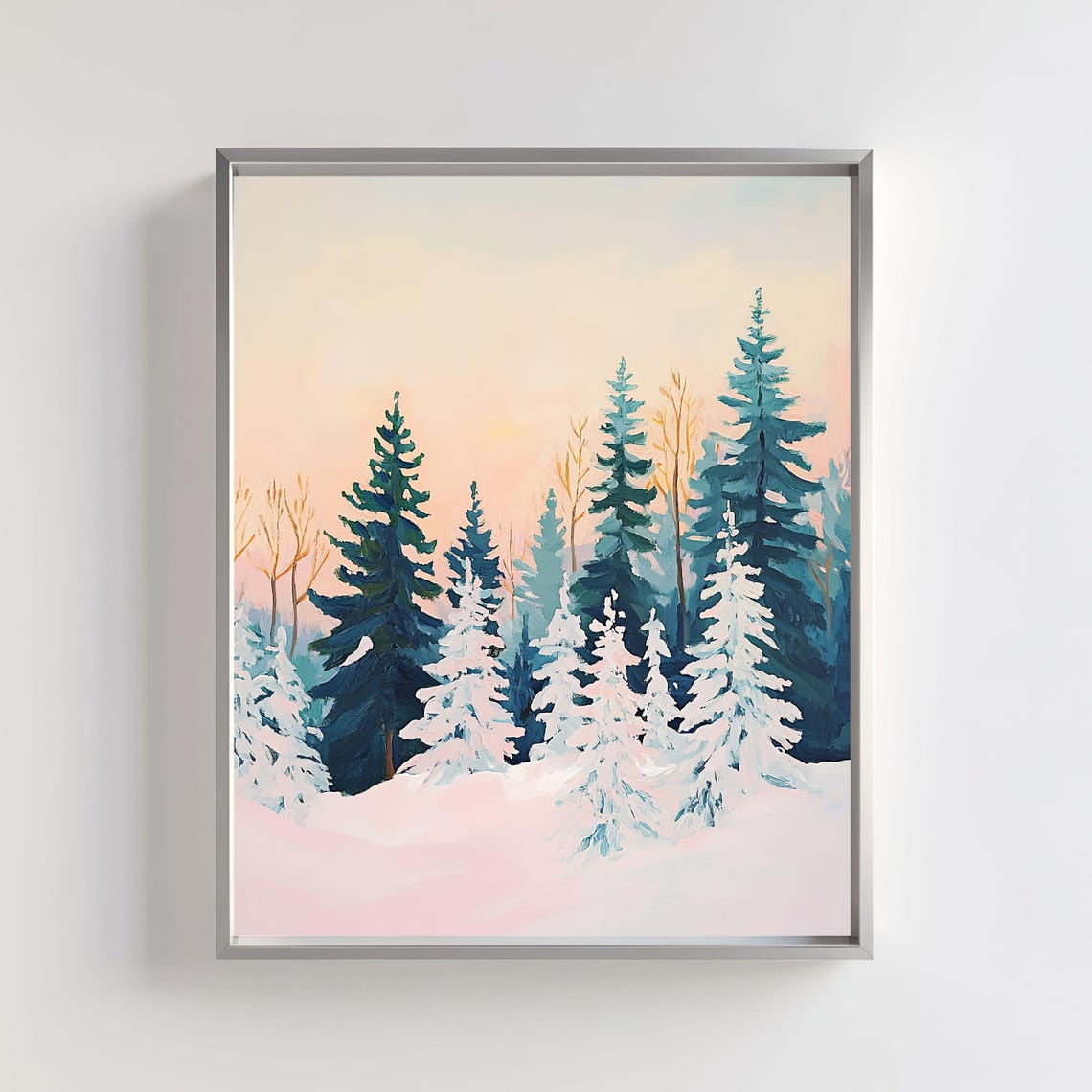 3 Piece Winter Landscape Wall Art. Snowy Pine Forest, Fawn