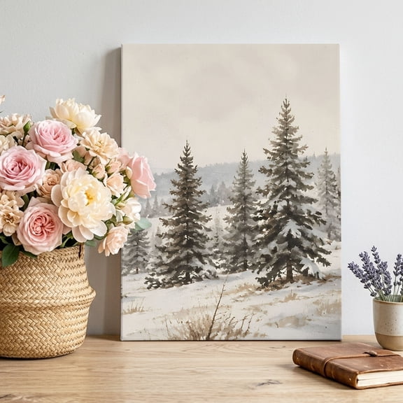 Winter Landscape Canvas Wall Art for Living Room, Countryside Snowy Meadow Pine Trees Mountains Poster Print Painting for Small Bedroom Mini Dining Area Decor Wall Pictures Prepare To Hang 11"x14"