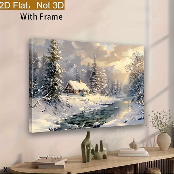 Winter Landscape Canvas Wall Art, Snow Cabin with Pine Trees & River, Blue White Golden Beige Wrapped Canvas Print on Wood Frame, Ready-to-Hang, Cozy Winter Scene Painting for Living Room Bedroom
