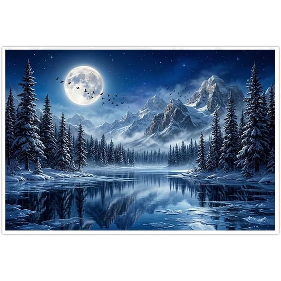 Winter Landscape Canvas Wall Art Snowy Mountains Forest Lake Reflection Full Moon Night Scene Pictures with Birds Serene Nature Home Decor Artwork for Living Room Bedroom