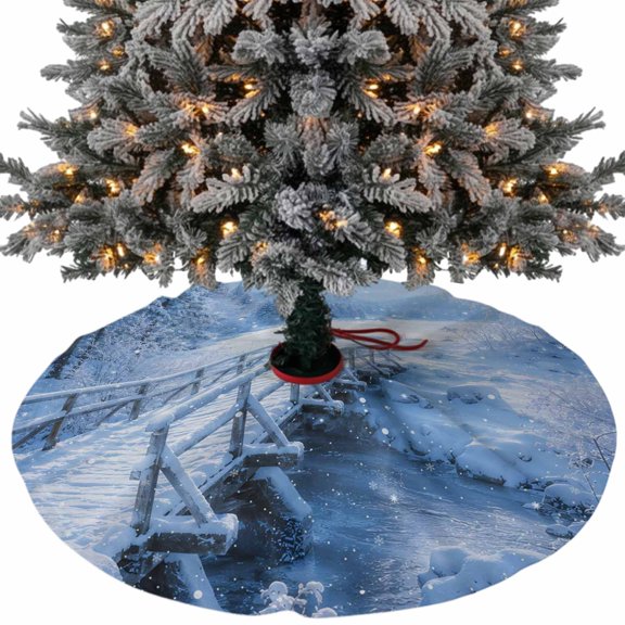 Winter Landscape Christmas Tree Skirt 36 Inch, Snowy Stream Bridge Pine Tree Forest Snowflake Xmas Tree Skirt, Christmas Tree Mat Ornaments for Home New Year Party and Holiday Decor Supplies