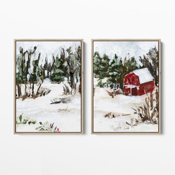 Winter Landscape Forest Painting Winter s Barn Diptych Art Prints or Canvases Poster Set 2