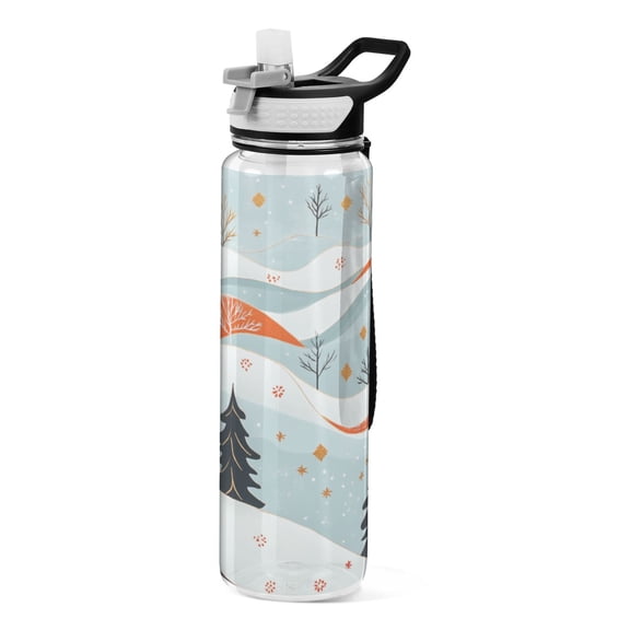 Winter Landscape Pattern 1000ml Tritan Sport Bottle Straw LeakProof Food-Grade Portable Wide Handle