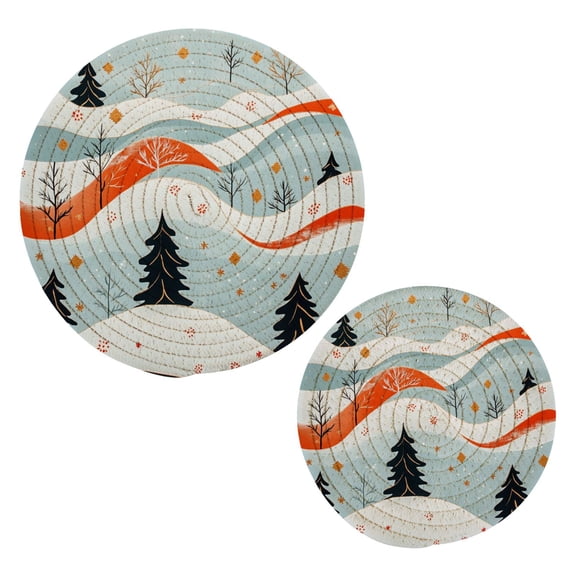 Winter Landscape Pattern Cotton Braided Potholders, 2 Pack Heat-Resistant Pads 7.09'' and 9.45''