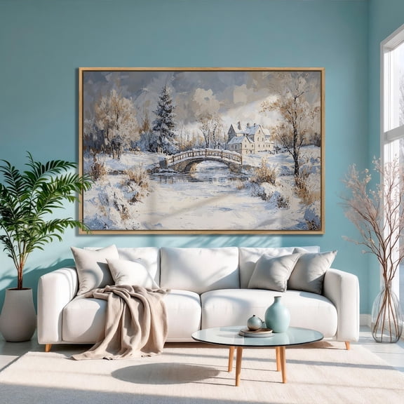 Winter Landscape Poster: Snowy Stone Bridge Art, Unframed Poster Size 16x24