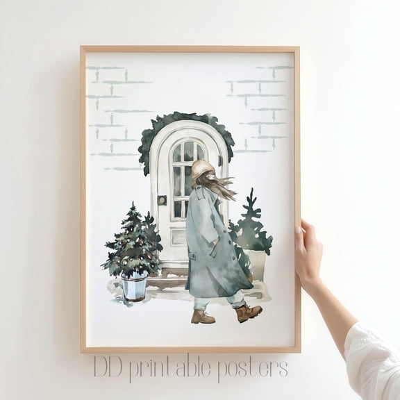 Winter Landscape Print, Girl In Green Coat Home Decor #1308, Unframed Canvas Size 8x12