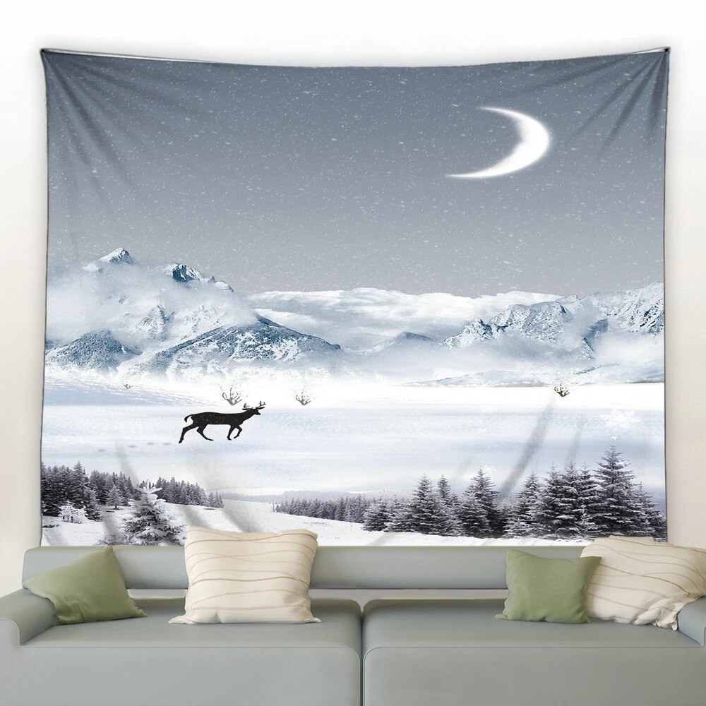 Winter Landscape Print Tapestry Elk Moon Sunlight Forest Wall Hanging