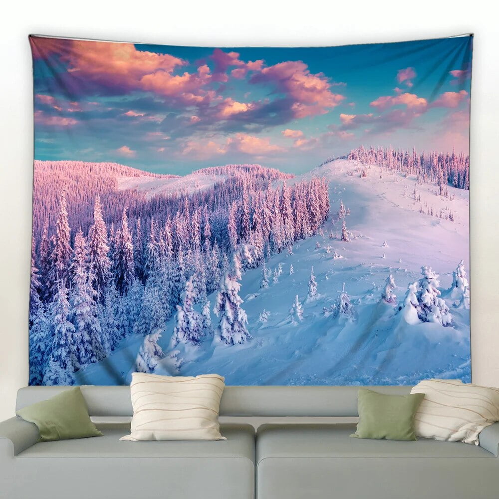 Winter Landscape Print Tapestry Elk Moon Sunlight Forest Wall Hanging