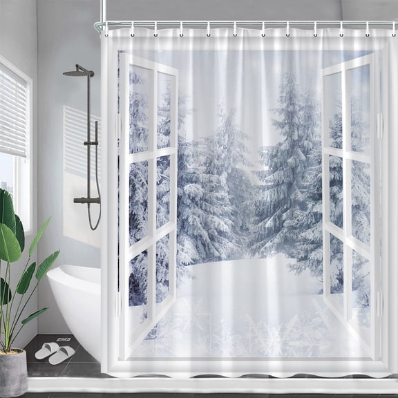 Winter Landscape Shower Curtains Forest Tree Cedar White Window Natural Snow Scene Bath Curtain Fabric Bathroom Decor with