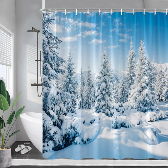 Winter Landscape Shower Curtains Snow Mountain Lake Cedar Forest Polyester Fabric Home Wall Hanging Bathroom Decor With
