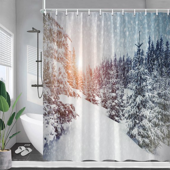 Winter Landscape Shower Curtains Snow Mountain Lake Cedar Forest Polyester Fabric Home Wall Hanging Bathroom Decor With