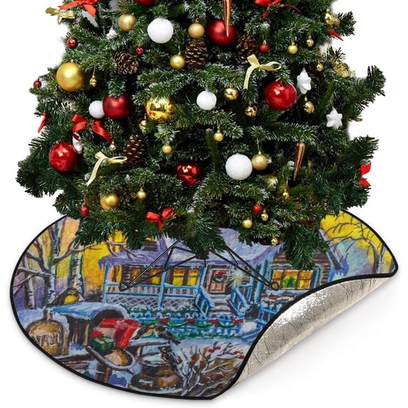 Winter Landscape Snow Christmas Tree Mats Waterproof Tree Skirt, Country House Xmas Tree Stand Tray Mat Floor Protector Pad for Holiday Party Decoration, 28.3"