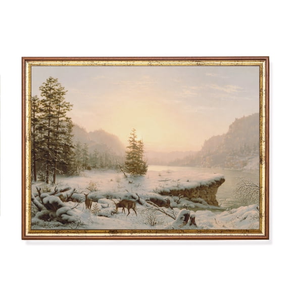 Winter Landscape Snow Lake Forest Vintage Winter Landscape Cabin Lodge Wall Art Unframed Paper Print